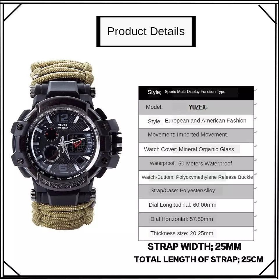 Yuzex Survival Watch, 6 in 1 Paracord Bracelet Compass Watch