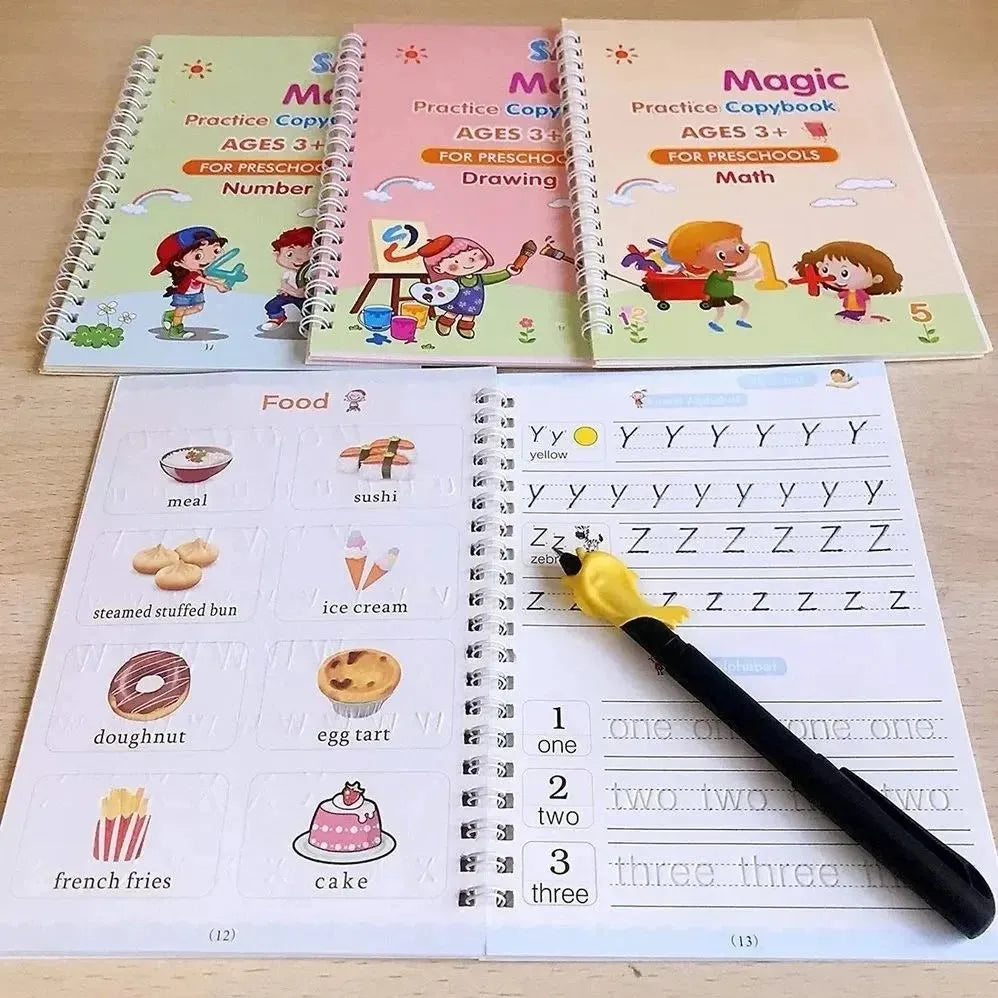 SANK Montessori Reusable Magic Book 4Magic Books + 1Magic Pen + 10Refills + 1Grip Children's Calligraphy Copybook Magic Writing Calligraphy Handwriting Copybook Set